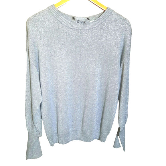 Blue Lemon Womens Silver Bishop Sleeve Keyhole Tie Back Sweater Size M NWT - Picture 1 of 5